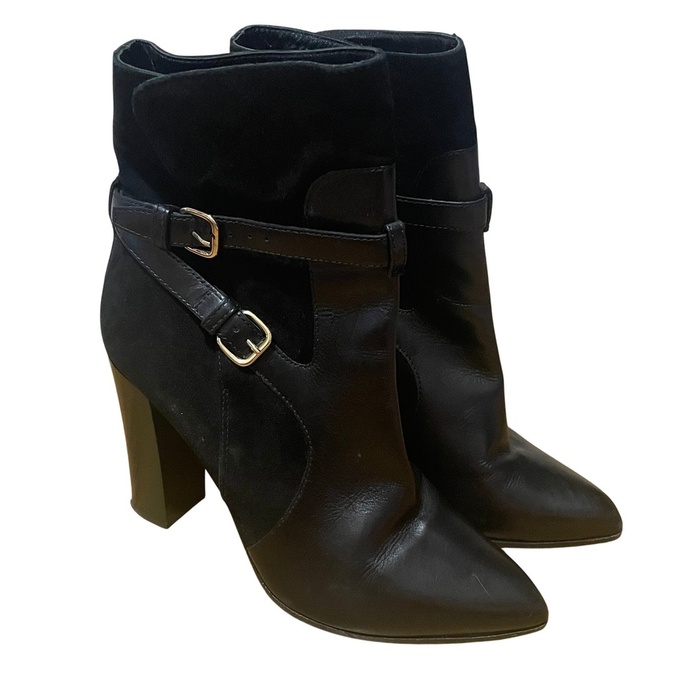 Club Monaco Black Leather Suede Ankle Boots Made in Italy‎ Block Heel Buckle 9.5